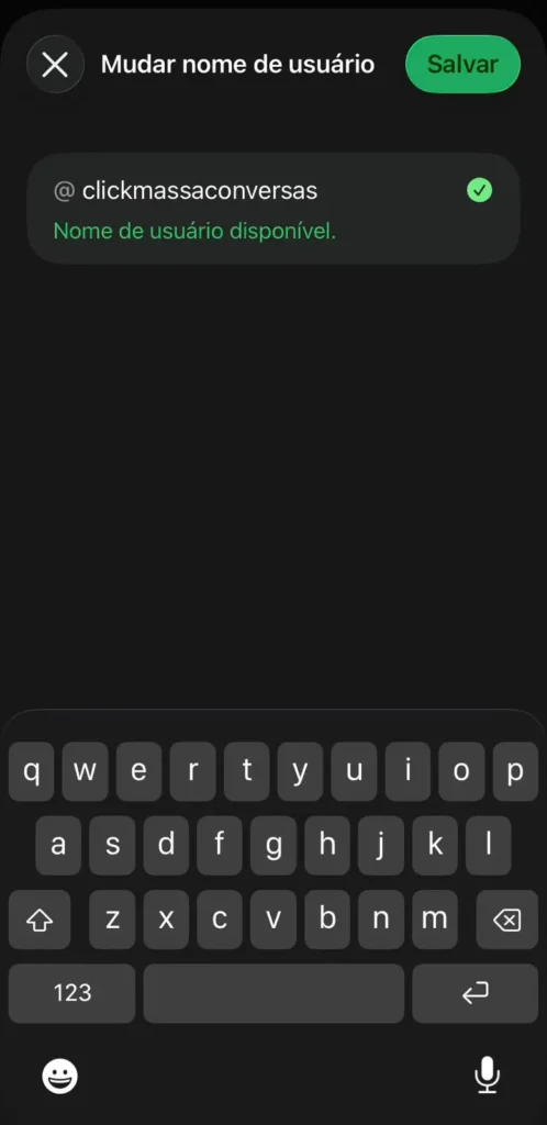 Tela do WhatsApp com nome de usuário criado