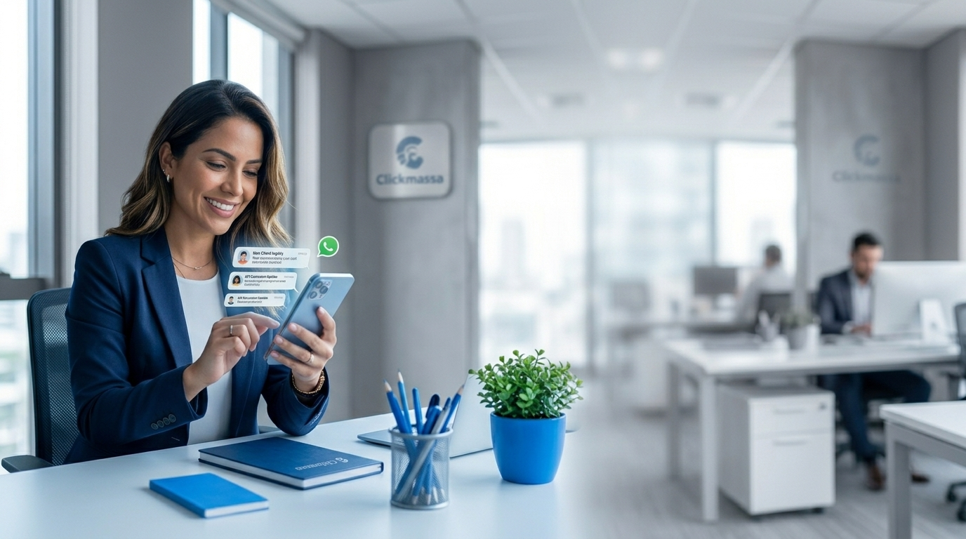 Empresária usando a WhatsApp API Oficial no celular em um escritório