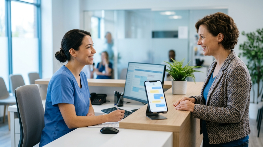 Recepcionista de clínica atendendo paciente enquanto o agente de IA responde o WhatsApp