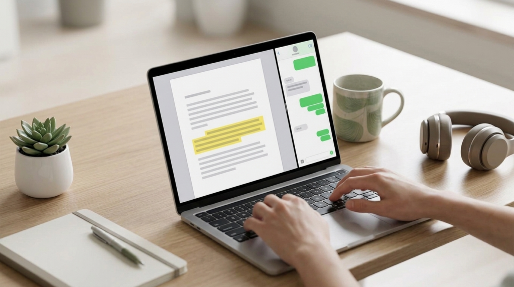Computador exibindo um PDF aberto com trechos destacados dentro de uma conversa do WhatsApp Web