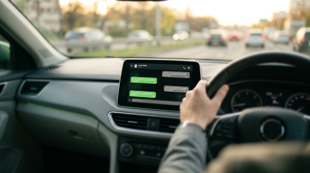 Tela do painel multimídia de um carro exibindo mensagens do WhatsApp com controle por voz
