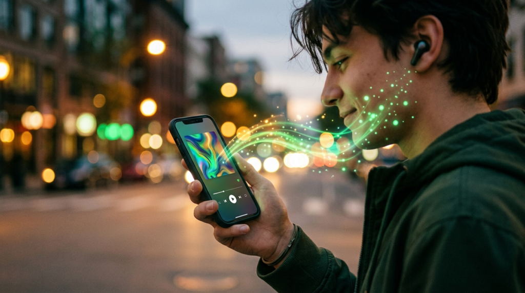 Celular exibindo o Status do WhatsApp com uma música do Spotify sendo compartilhada