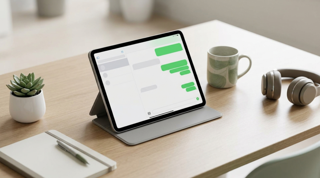 WhatsApp em um iPad apoiado em suporte, com teclado, em mesa de trabalho