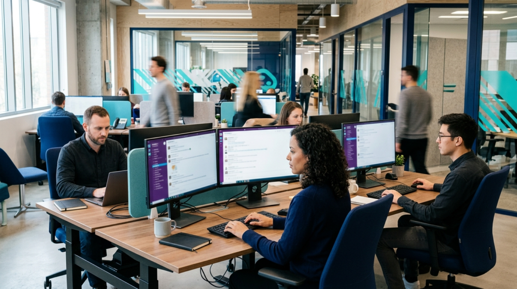 Equipe de atendimento respondendo clientes de WhatsApp em várias telas com a API Oficial