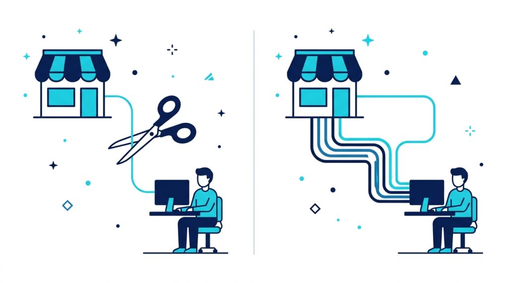Se o WhatsApp Cair. Ilustração compara empresa ligada ao cliente por um único fio prestes a ser cortado e por cinco canais de atendimento