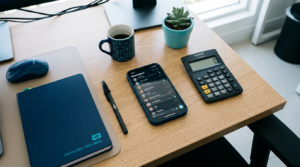 Quanto custa o Meta Business Agent: celular com conversa, calculadora e dinheiro sobre a mesa