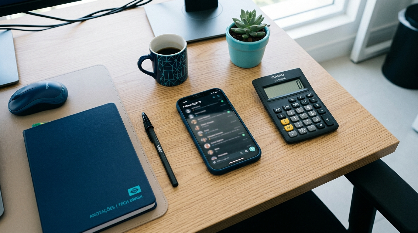 Quanto custa o Meta Business Agent: celular com conversa, calculadora e dinheiro sobre a mesa