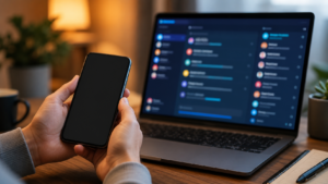Pessoa segura celular com erro no WhatsApp enquanto laptop ao fundo mostra central de atendimento multicanal ativa