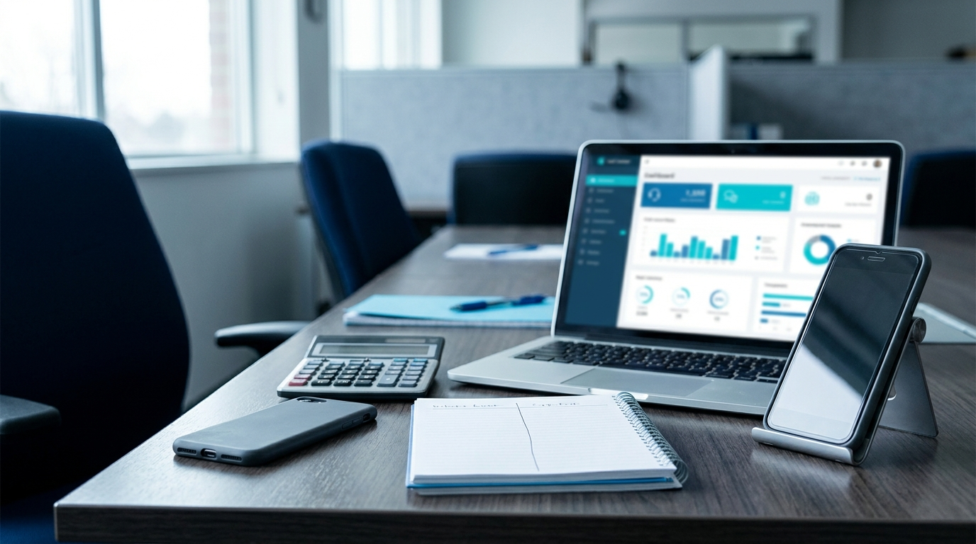 Dois celulares lado a lado sobre mesa de escritório, um deles ao lado de notebook com painel de atendimento e calculadora
