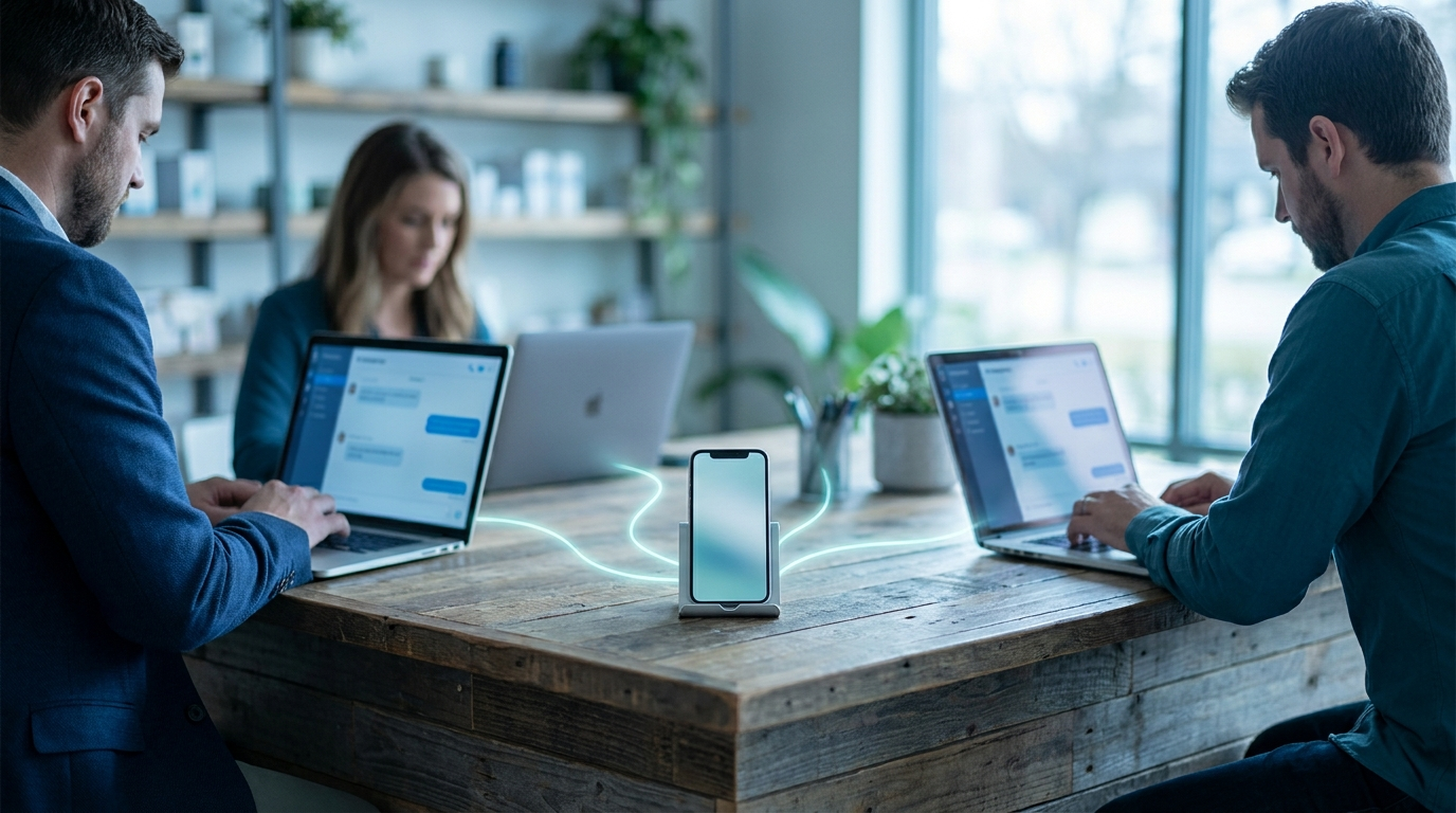Um celular no centro de um balcão e três pessoas ao redor atendendo pelo mesmo número em notebooks