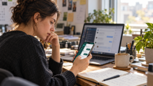 Pessoa trabalhando em notebook e celular em um pequeno escritório, representando como funciona o white label de WhatsApp